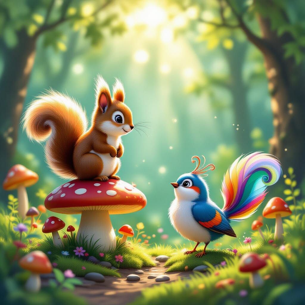 Whimsical Forest with Squirrel and Bird, Digital Art