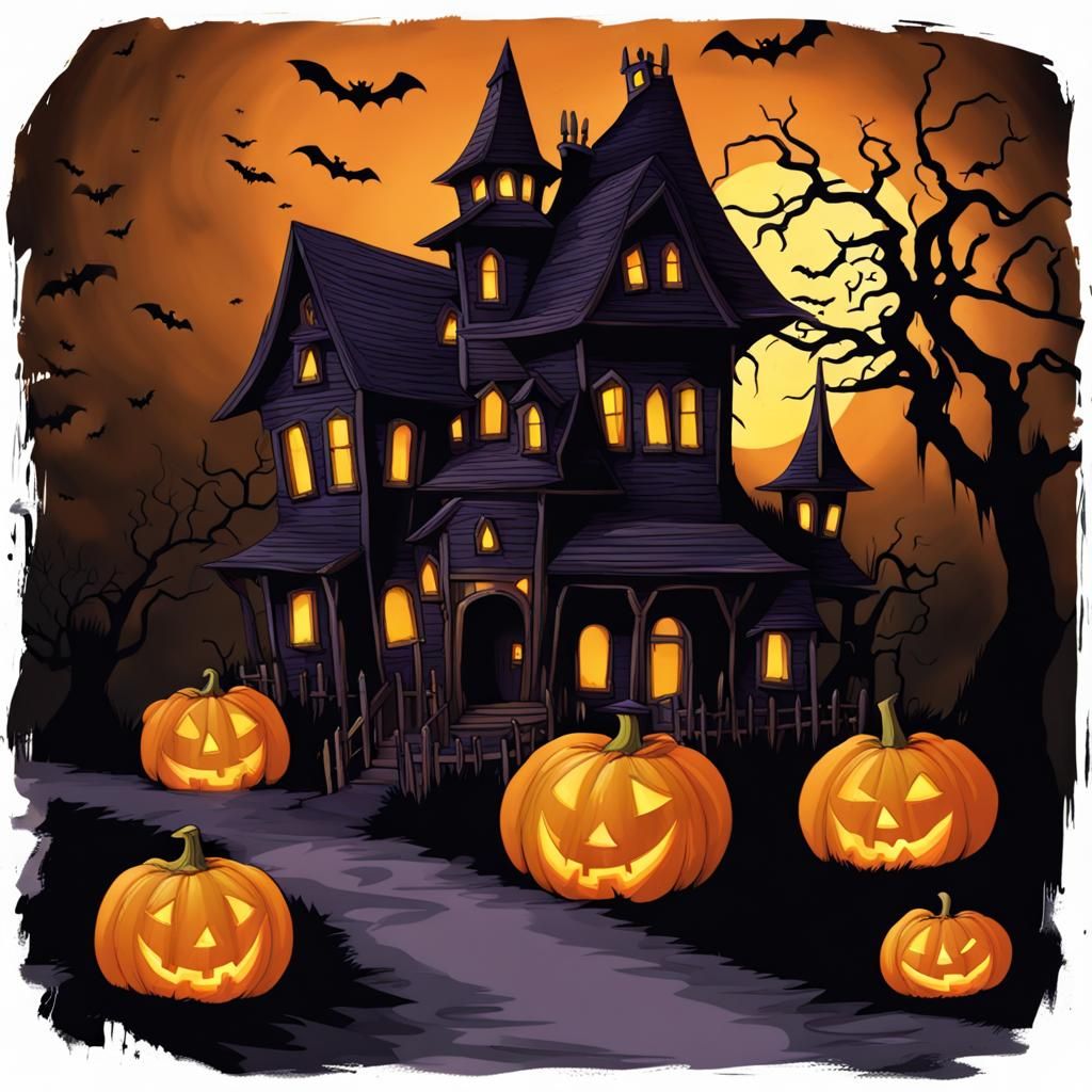 Eerie Halloween Haunted Village Illustration