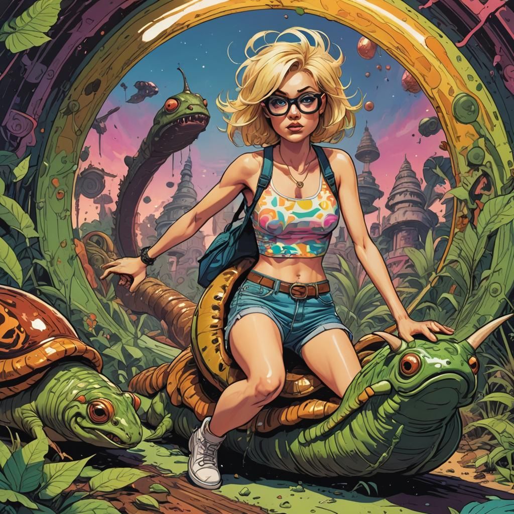 Girl Rides Giant Slug in Psychedelic Comic Art
