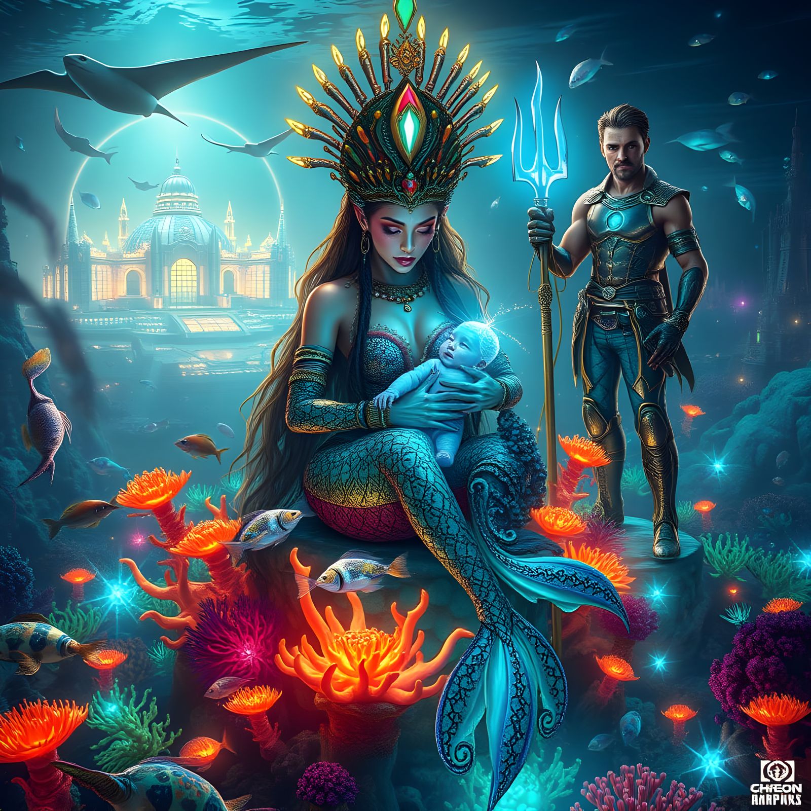 Cyberpunk Underwater Kingdom: Bioluminescent Queen and Metro...