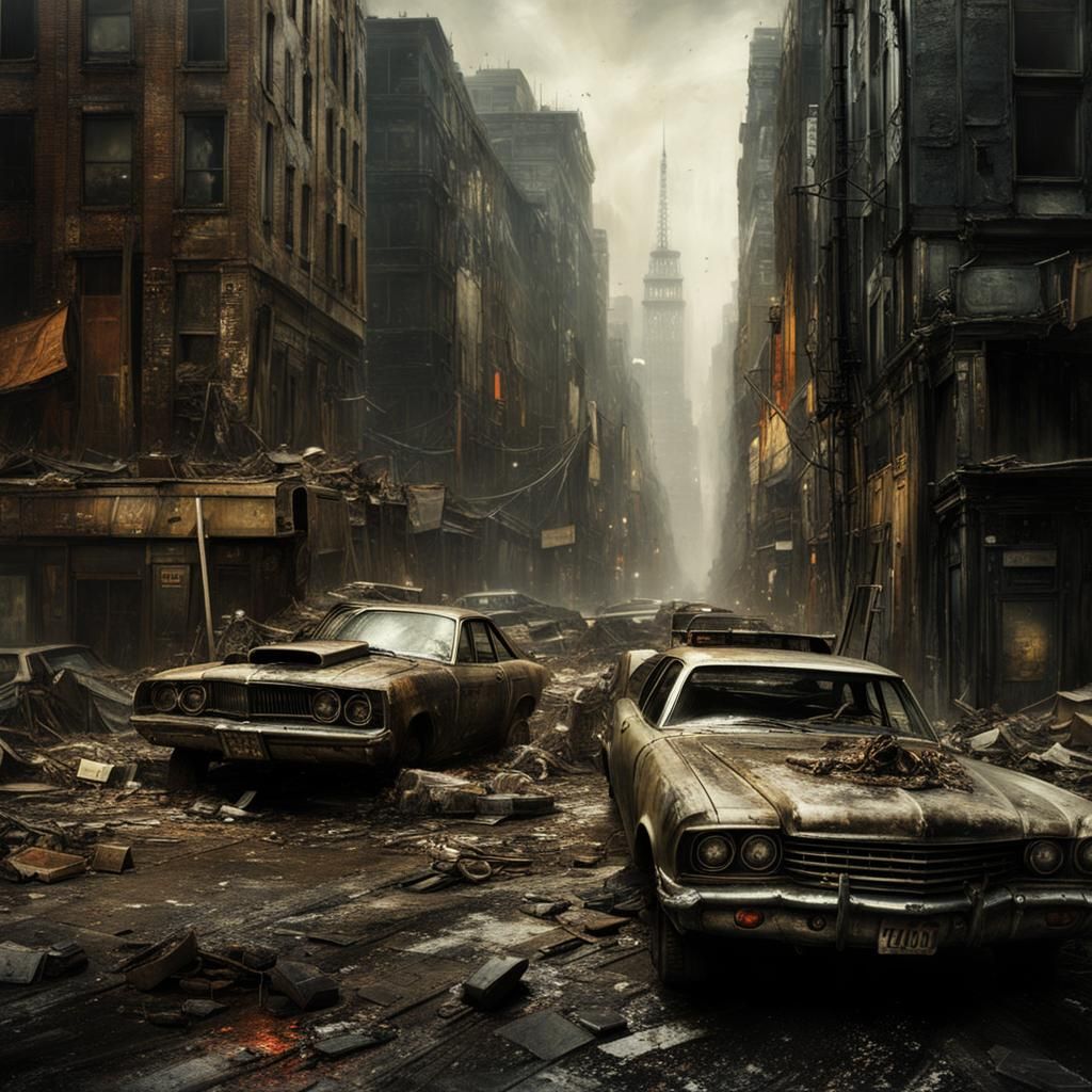 Detailed Post-Apocalyptic Downtown in Hyperrealistic Style