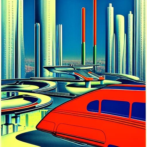Retro Futuristic Metropolis with Flying Cars
