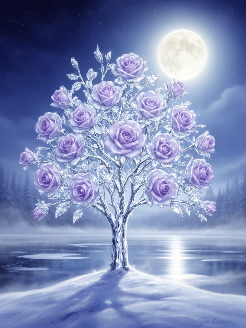 Crystalline Winter Tree with Lavender Ice Roses
