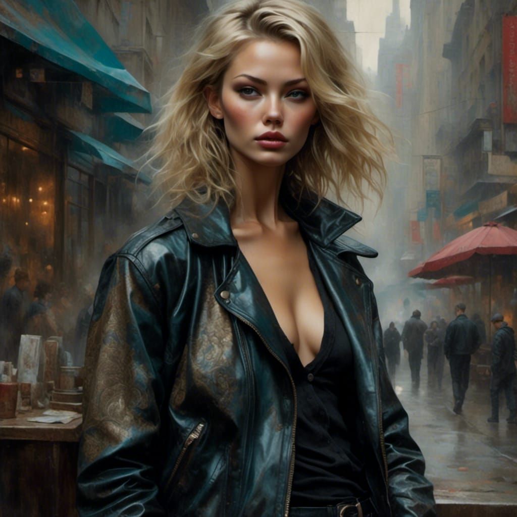 Dynamic Woman in Leather Bodysuit on Rooftop