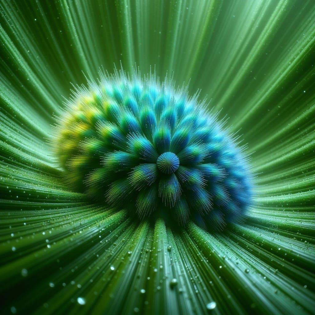 Iridescent Caterpillar on Dew-Kissed Leaf