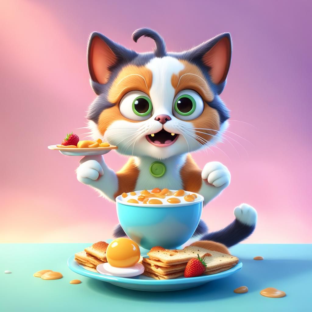 Calico Kitten Breakfast: Playful 3D Digital Art