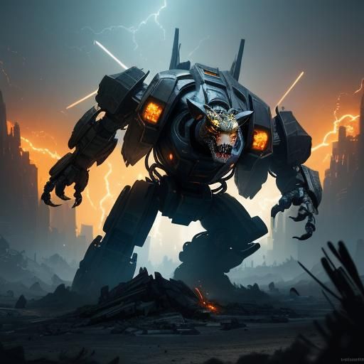 Mecha Tiger Versus Velociraptor in Cityscape