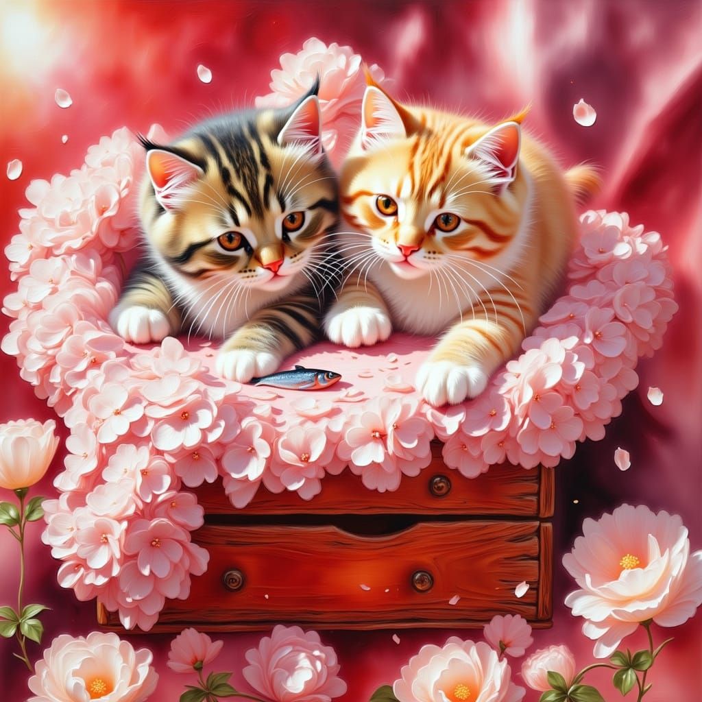 Two Cats Vie For Fish on Table in Impasto Style