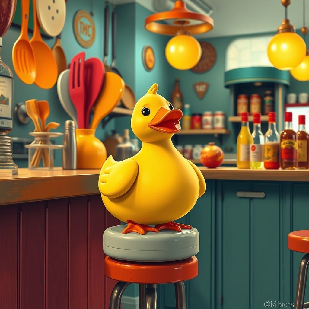 Quirky Rubber Duck in a Fantastical Restaurant