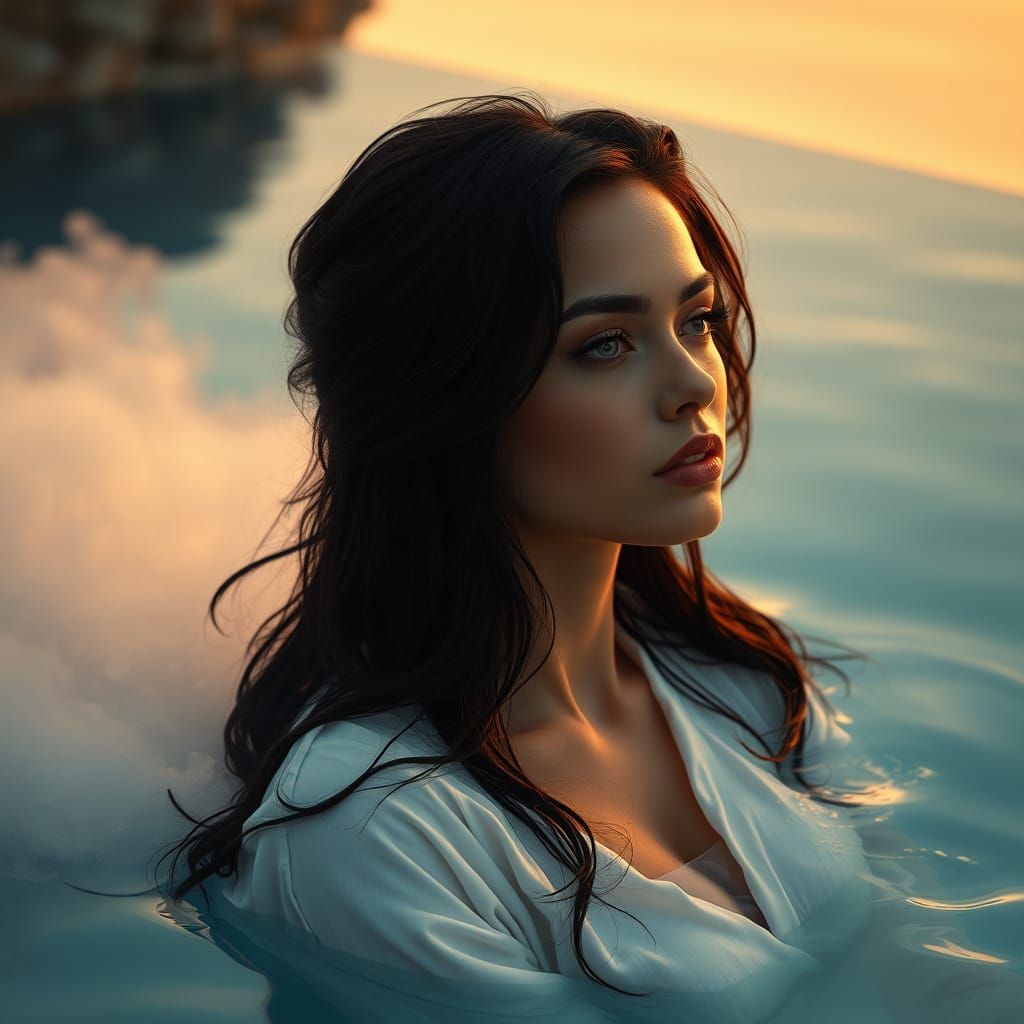 Sultry Sunset Goddess in Hyperrealistic Watercolor