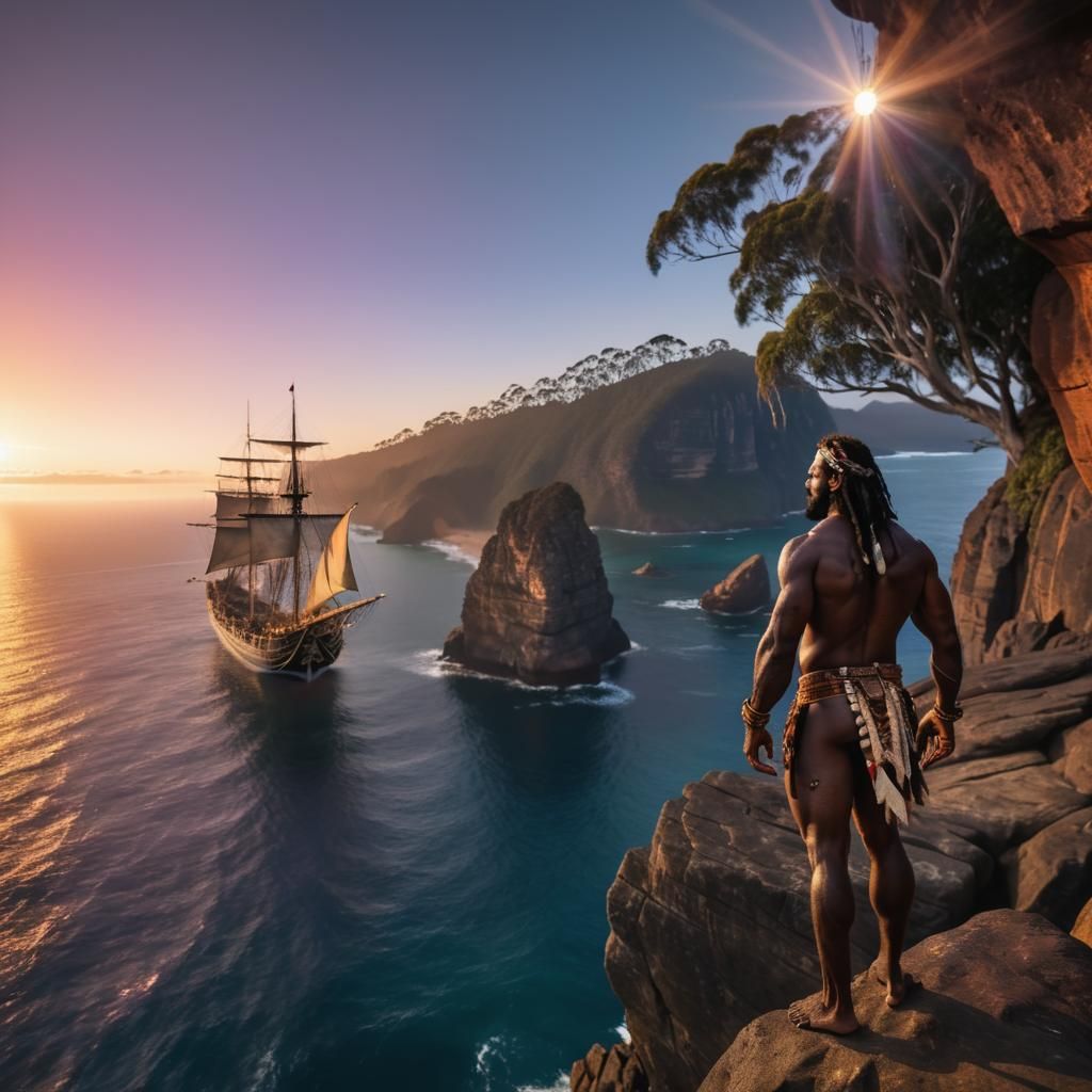 Aboriginal Man Watches Ships Arrive in Australia