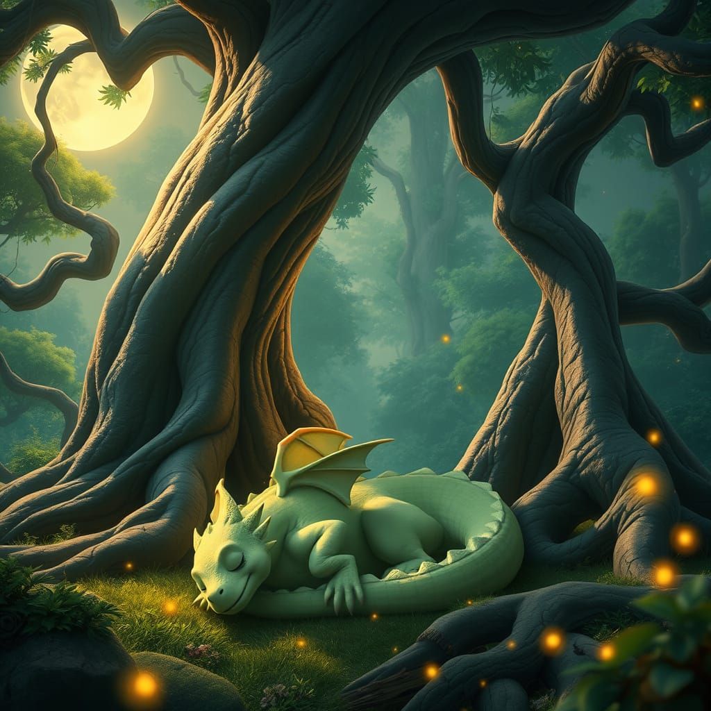 Fantasy Dragon Slumbers in Moonlit Forest