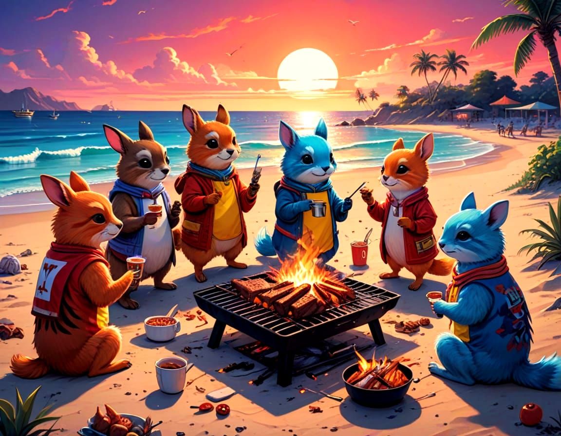 Barbecue Party on the Beach in Kawaii Art