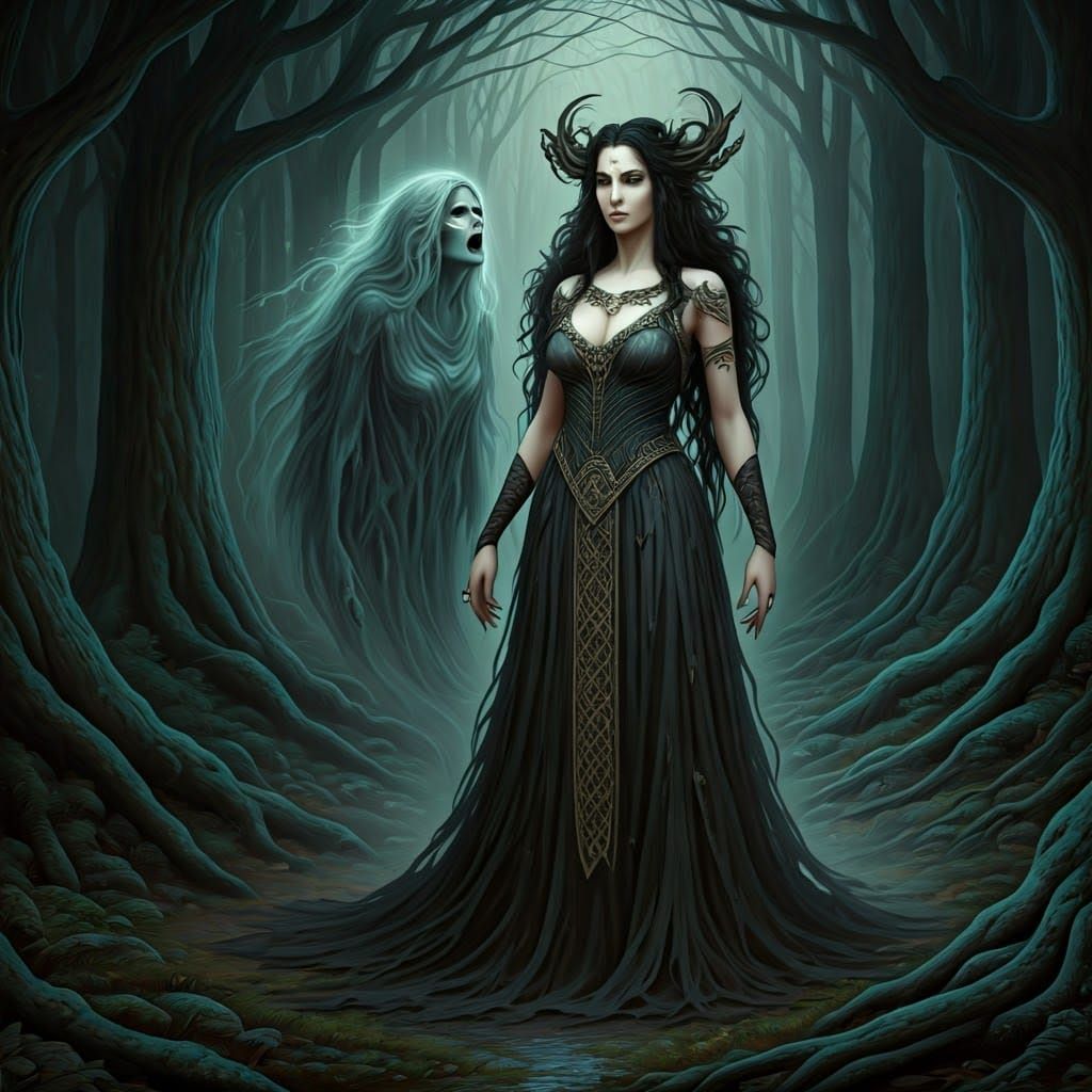 Morrigan and Banshee in Mystical Forest, Gothic Style