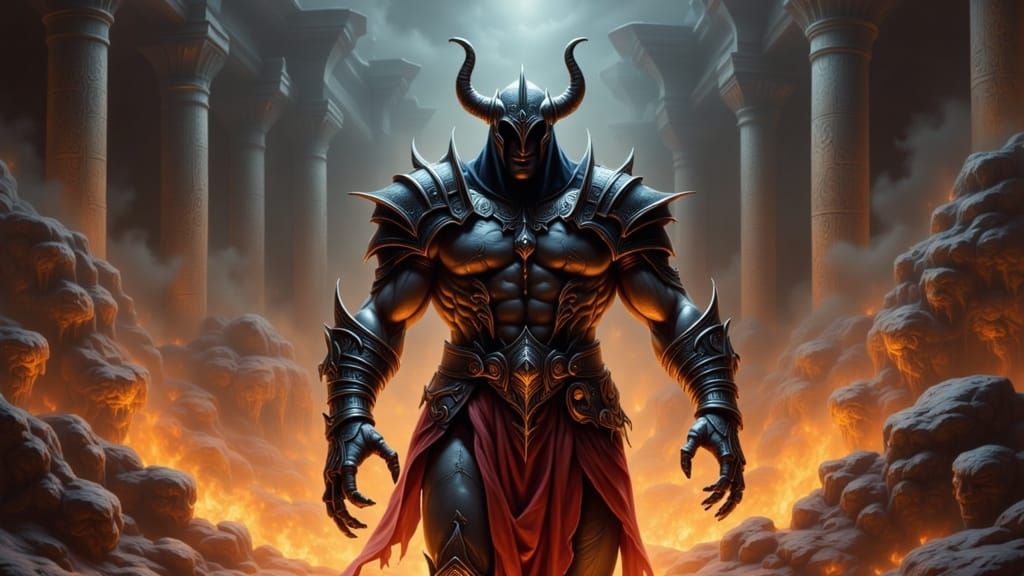 Hades in Flame-Lit Underworld as Dark Fantasy Art