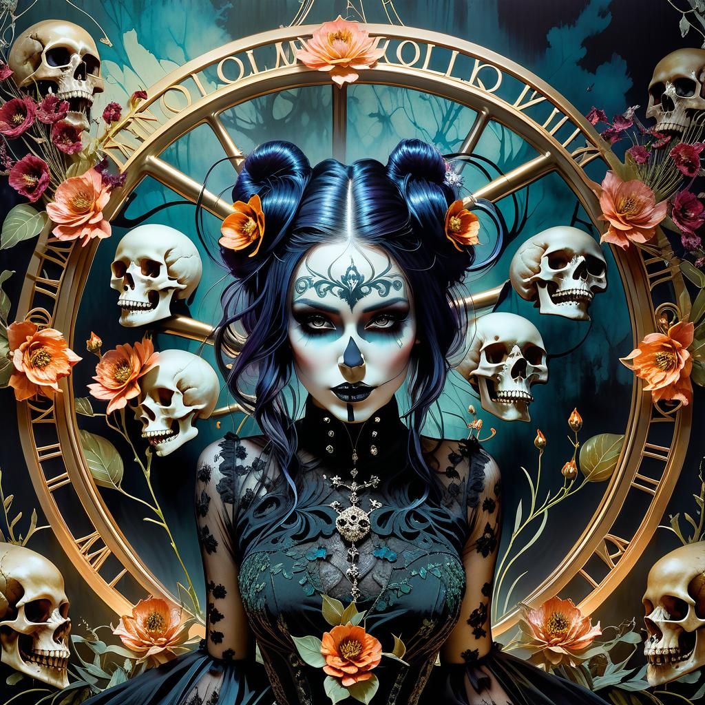 watercolor pen and alcohol ink illustration of full body goth retro gothabilly pinup model, ((floralskulls print cotton ...