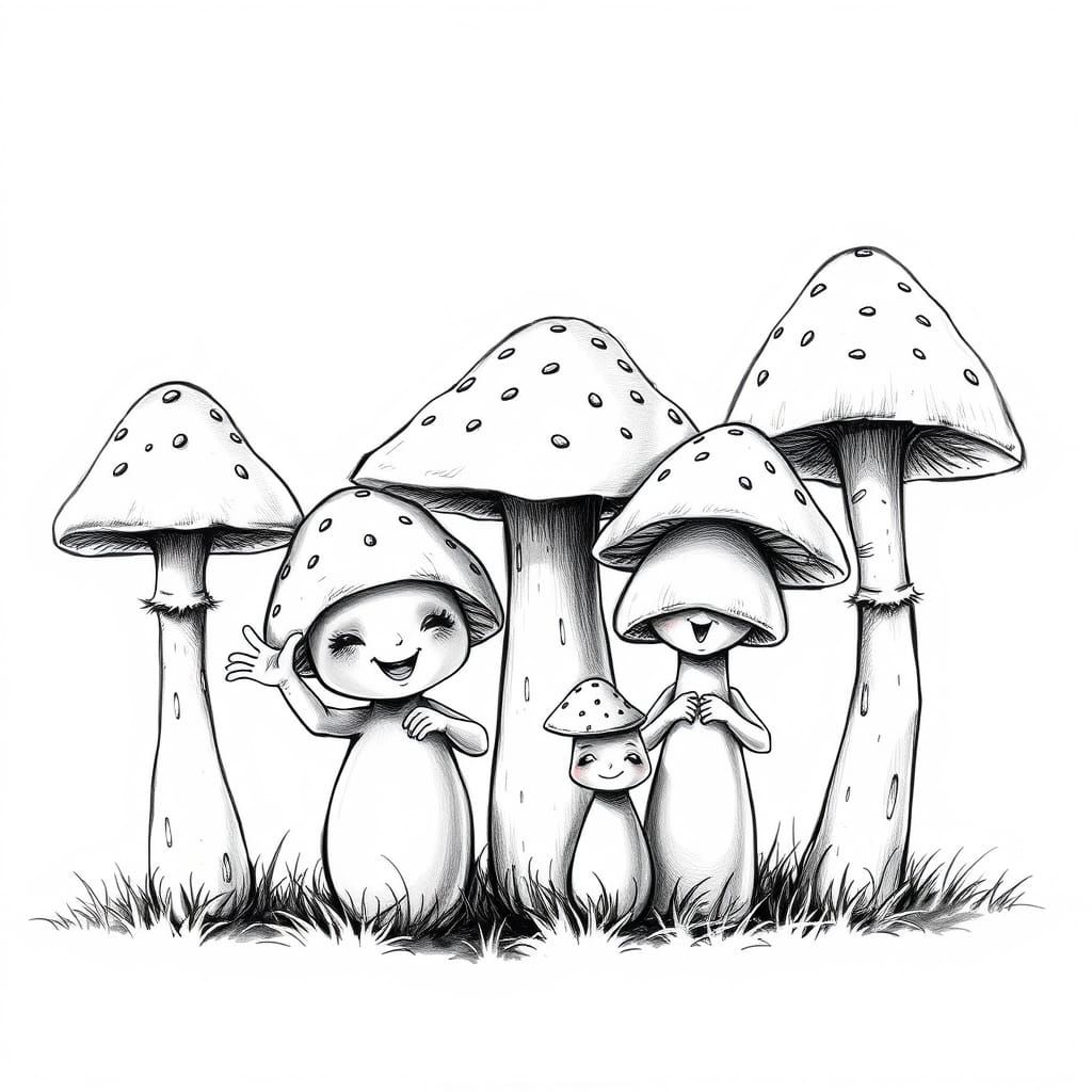 Whimsical Mushroom Family Portrait in Charcoal Sketch Style