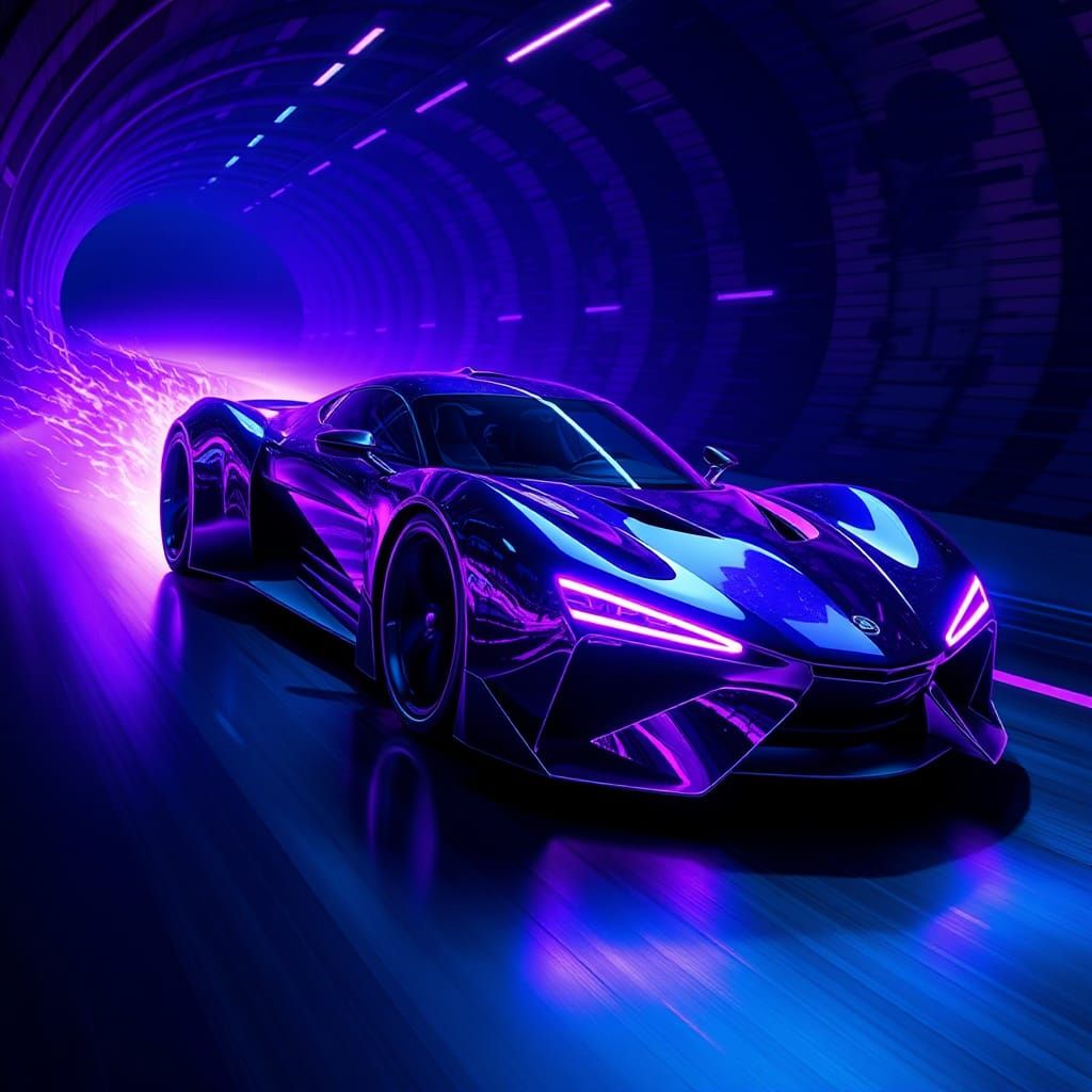 Futuristic Glass Car Speeds from Tunnel with Lightning