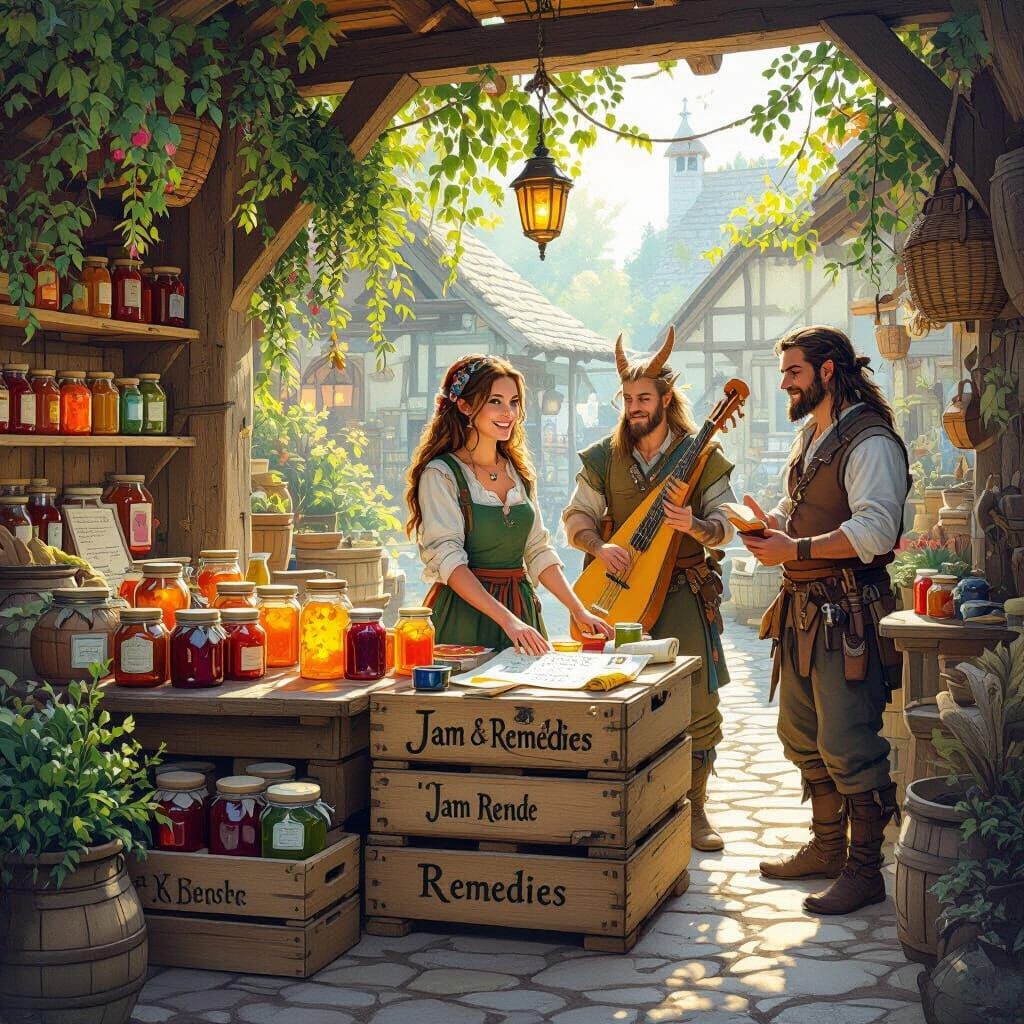 Island Market Scene with Jam and Remedies