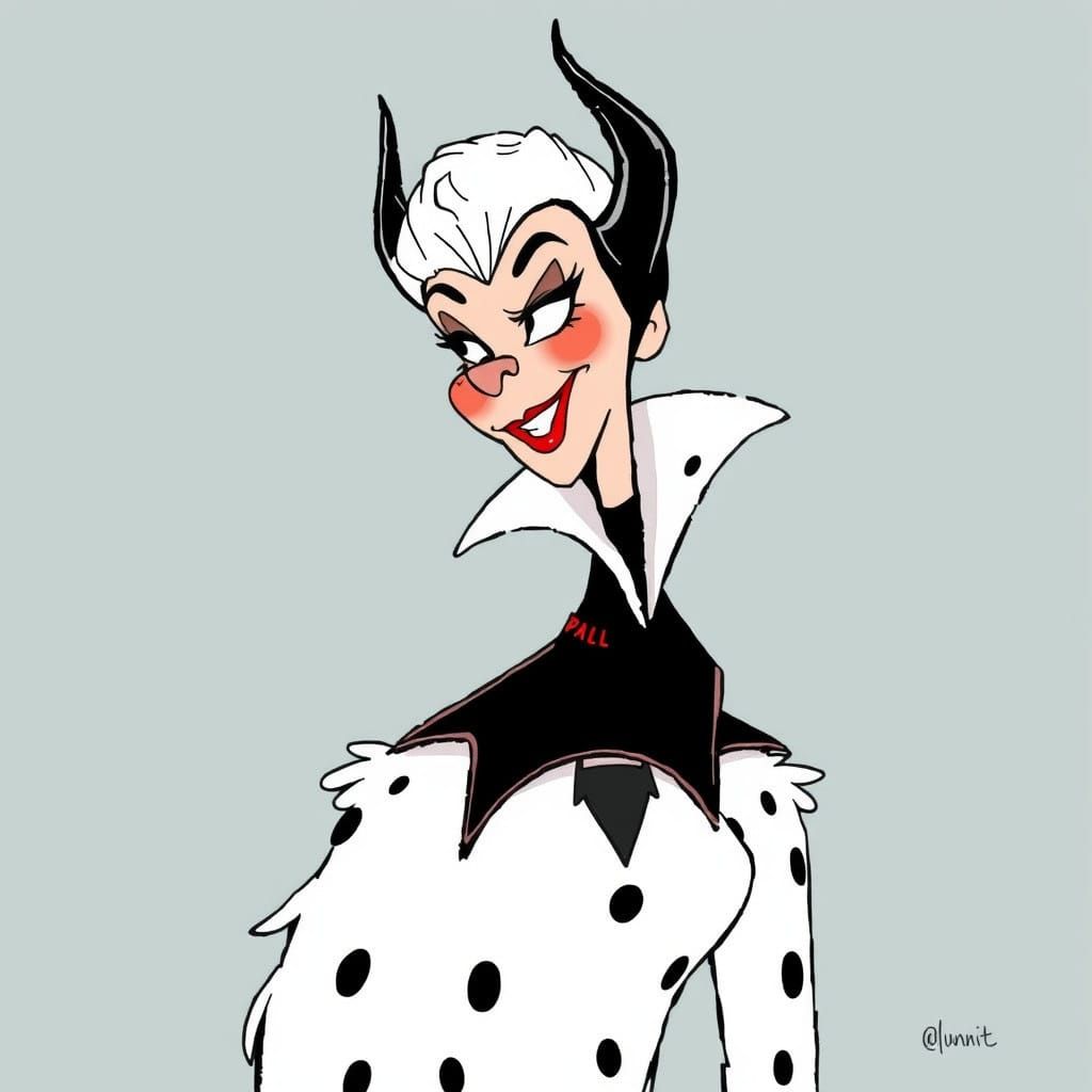 Belgian-Style Cartoon of Cruella De Vil with Milou