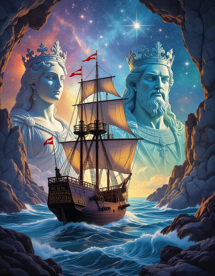 Sailing Ship Navigating Rocky Waters with Regal Statues
