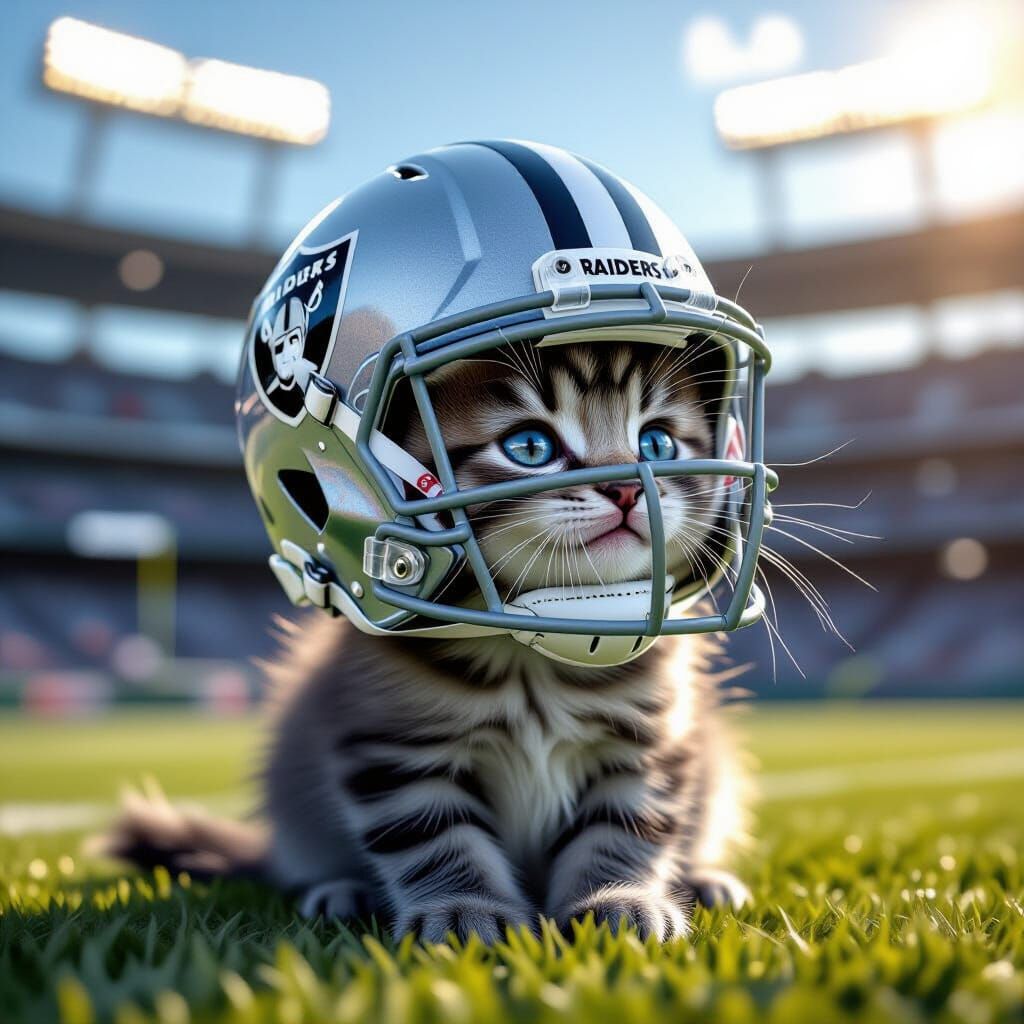 Fluffy Kitten Wearing Raiders Helmet in Stadium