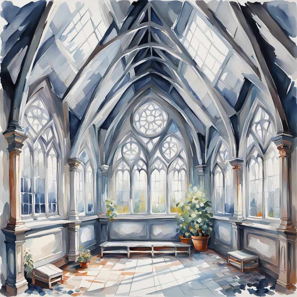 Gothic Attic in Gouache Style Watercolor
