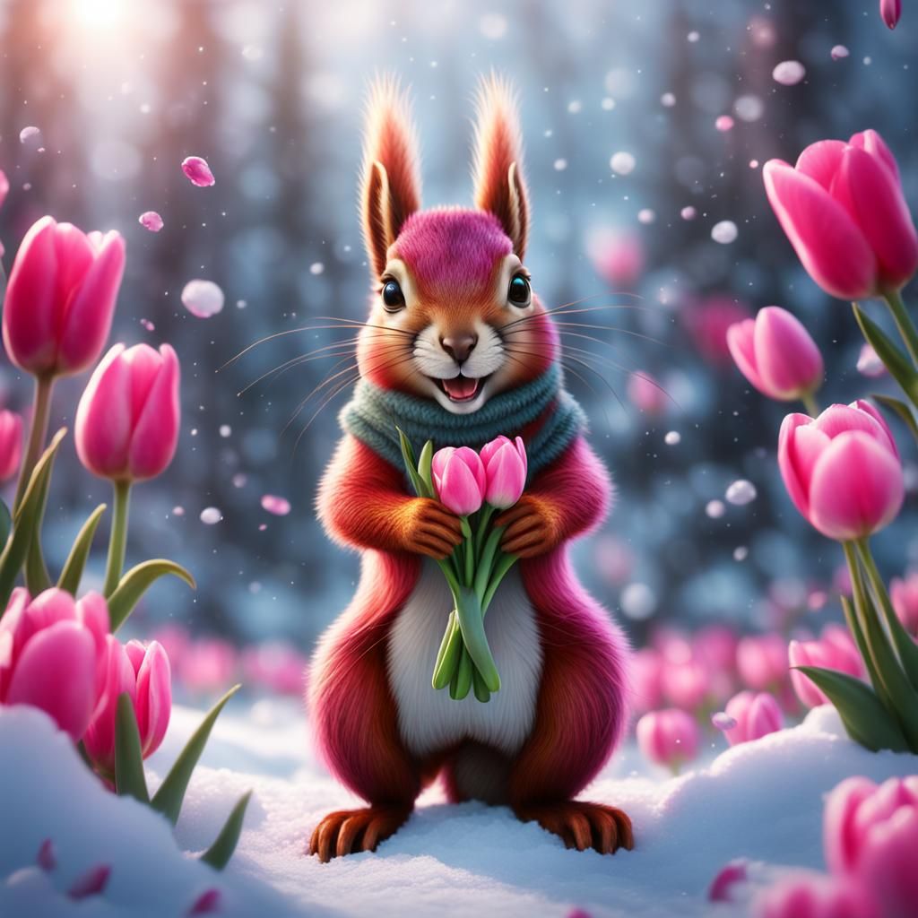 Squirrel with Tulips: Detailed Matte Painting in 8K