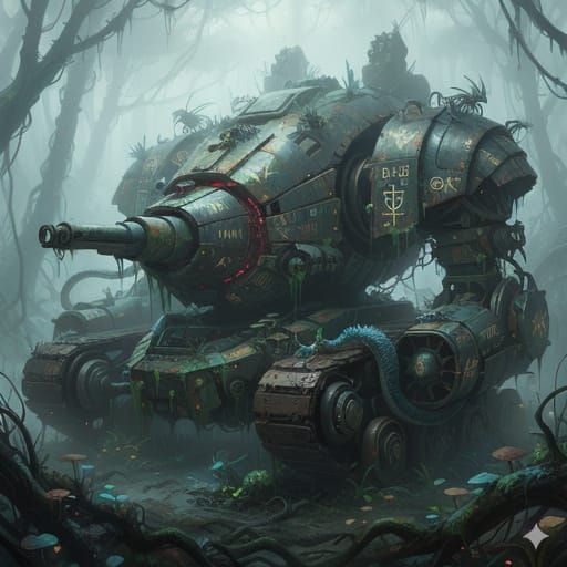 Ancient War Machine in Alien Jungle, Hyper Realistic Style