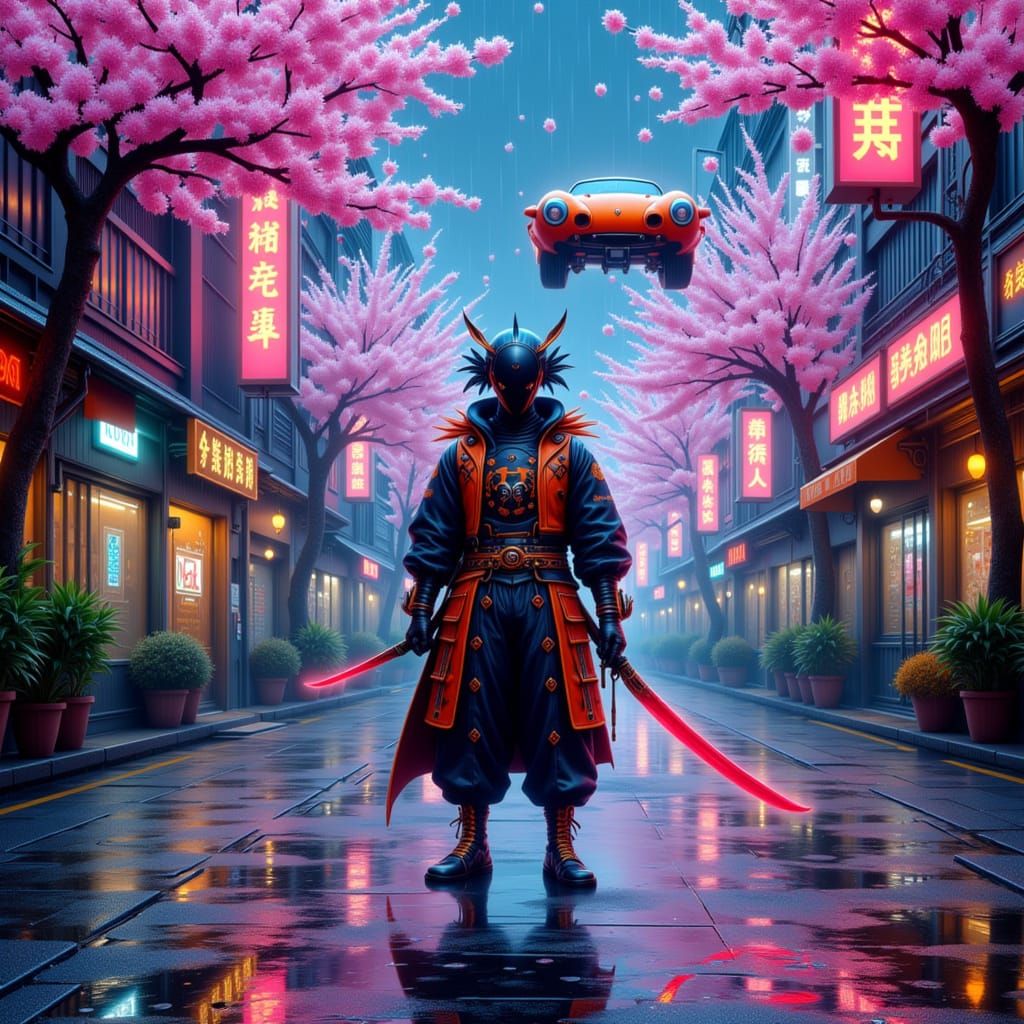 Samurai in Neon Tokyo with Retro Flying Car
