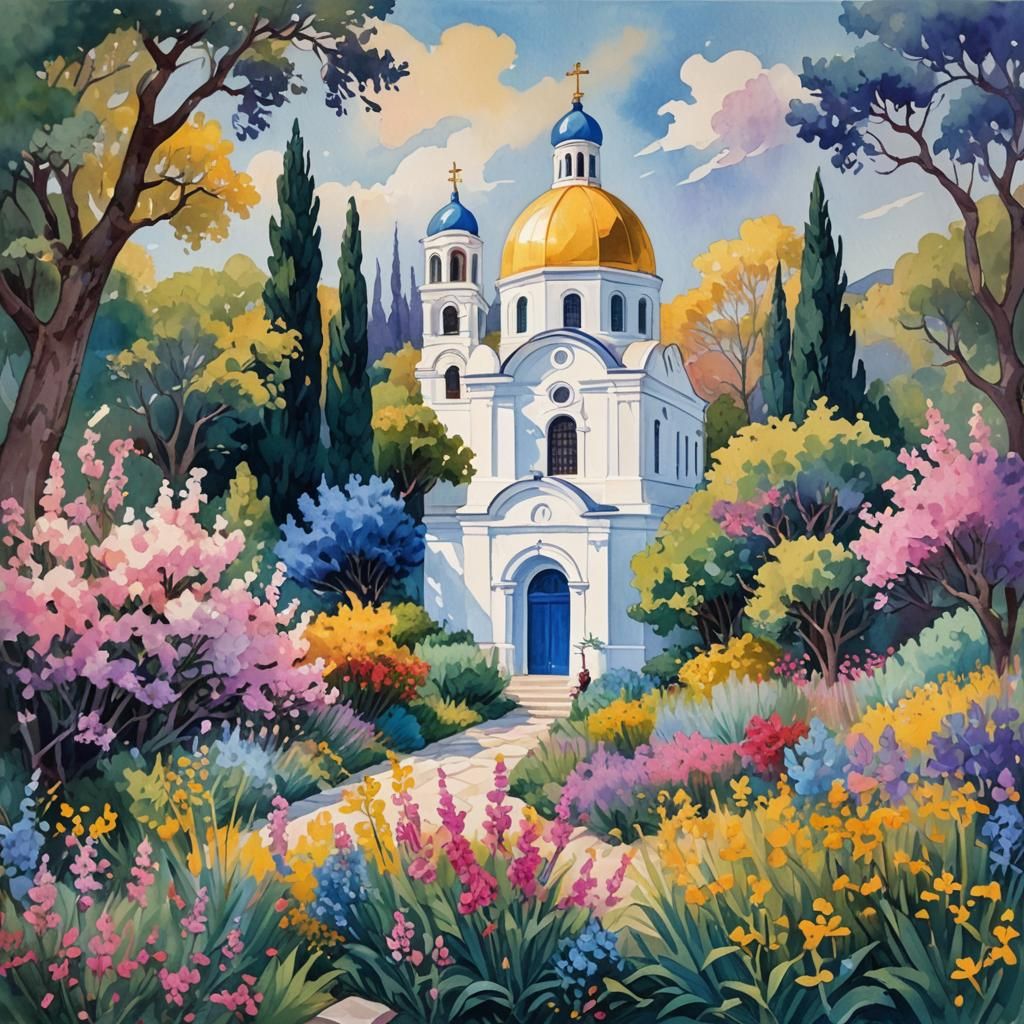 Greek Orthodox Church in Impressionist Gouache Style