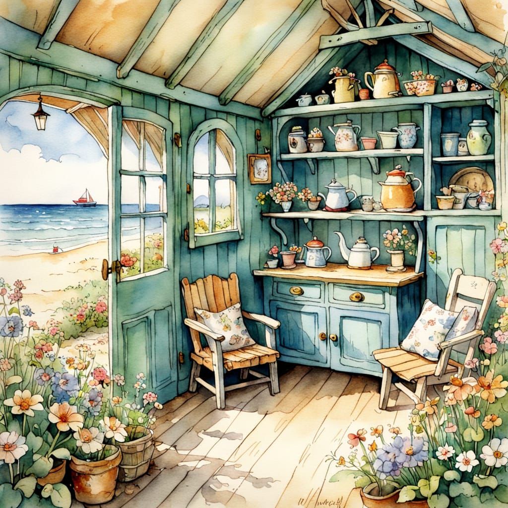 Charming Beach Huts in Watercolor Style