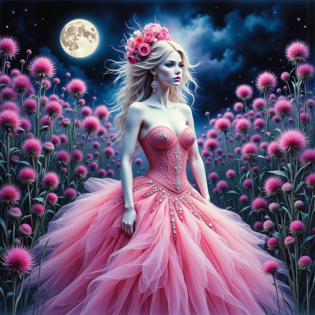 Porcelain Woman in Pink Gown in English Garden