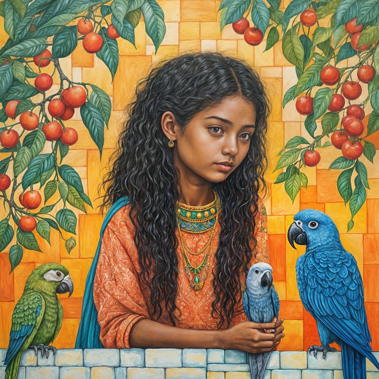 Indian Girl with Parrots in Watercolor Style
