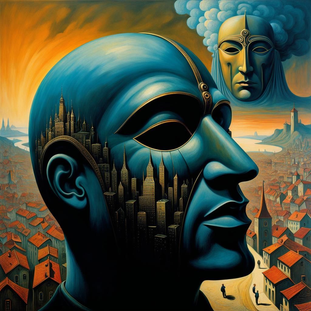 Surreal Dreamlike Masked Figures in Magic Realism Style