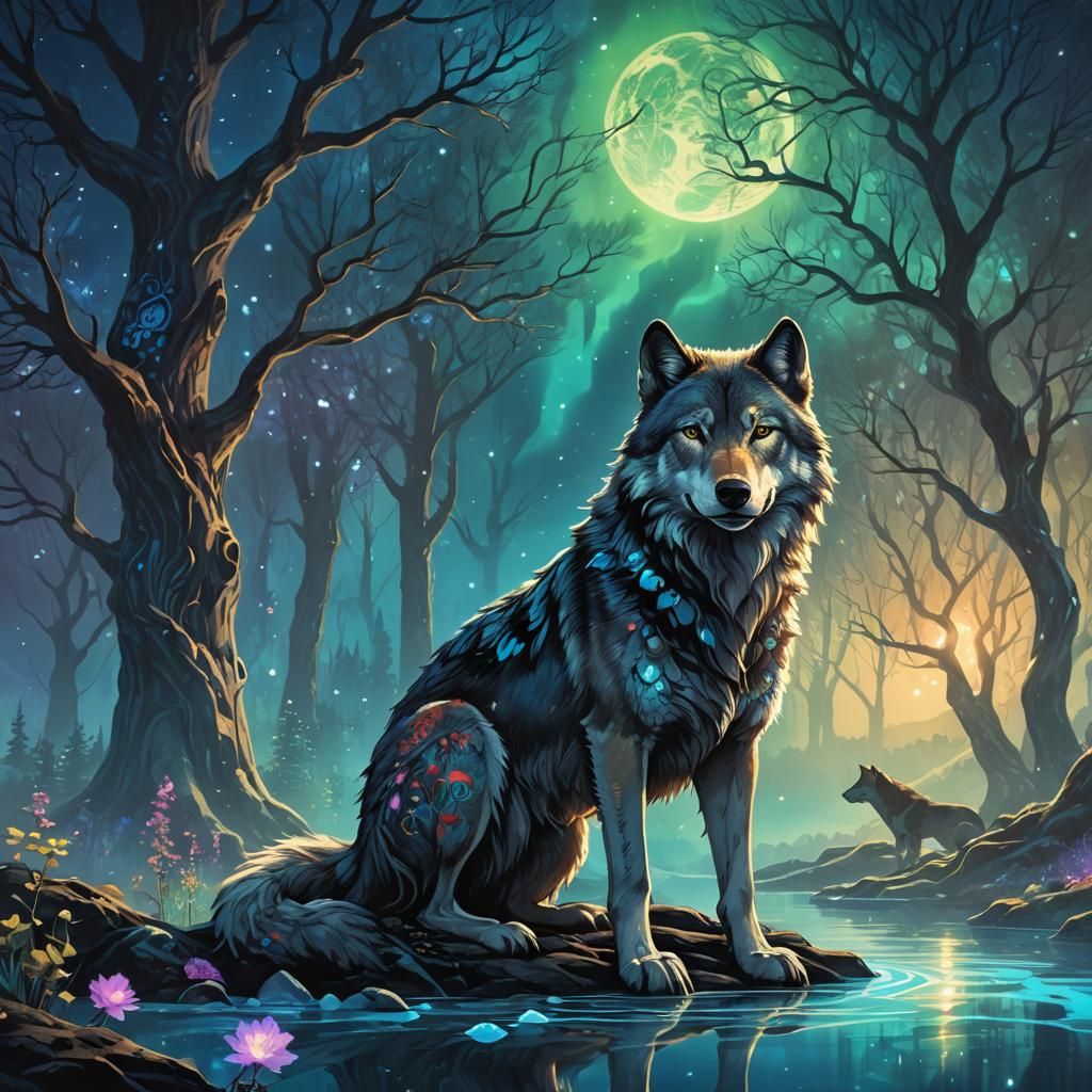 Mystical Wolf in Dreamtime Forest, Fantasy Art