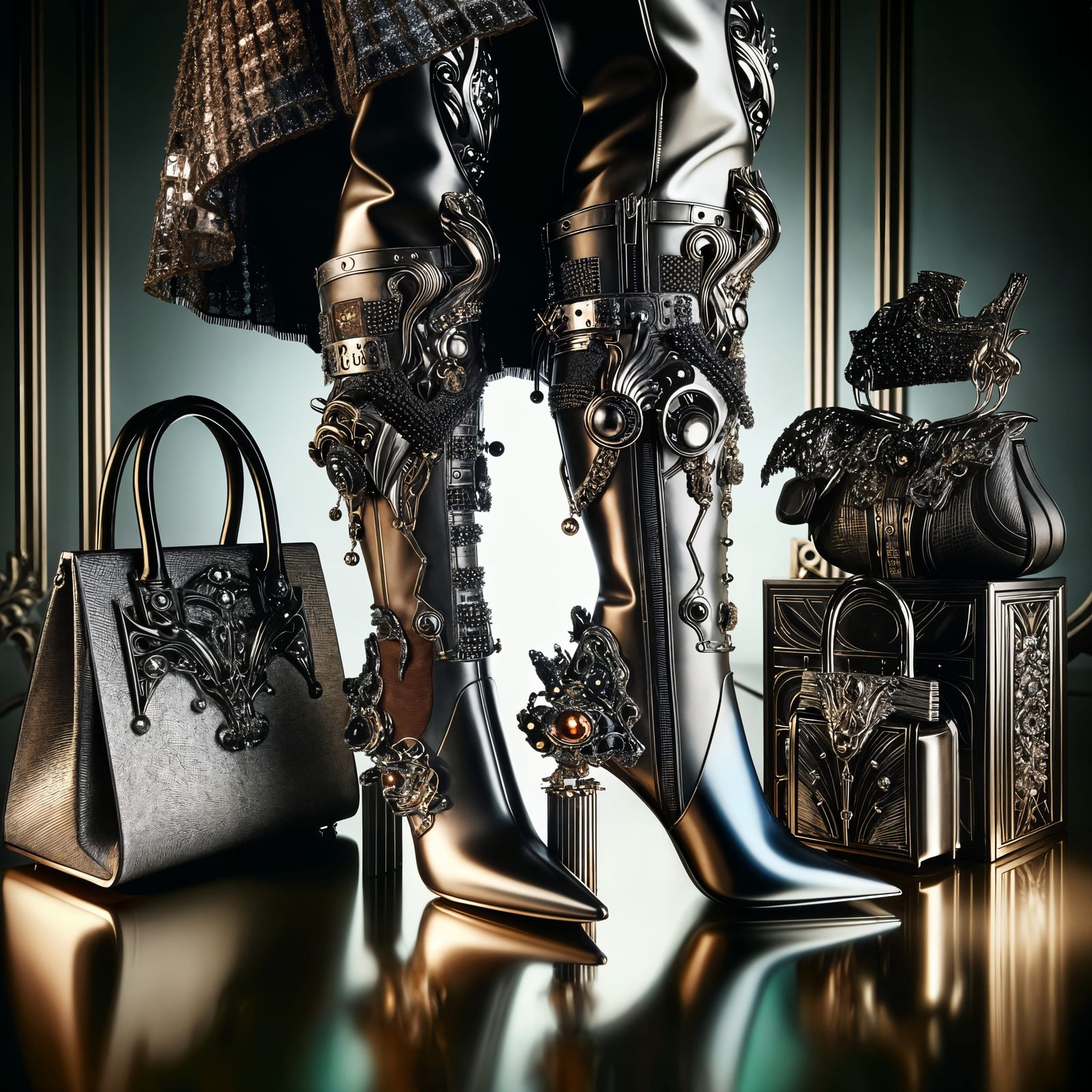 Elegant Boots and Handbag in Modern Metallic hues