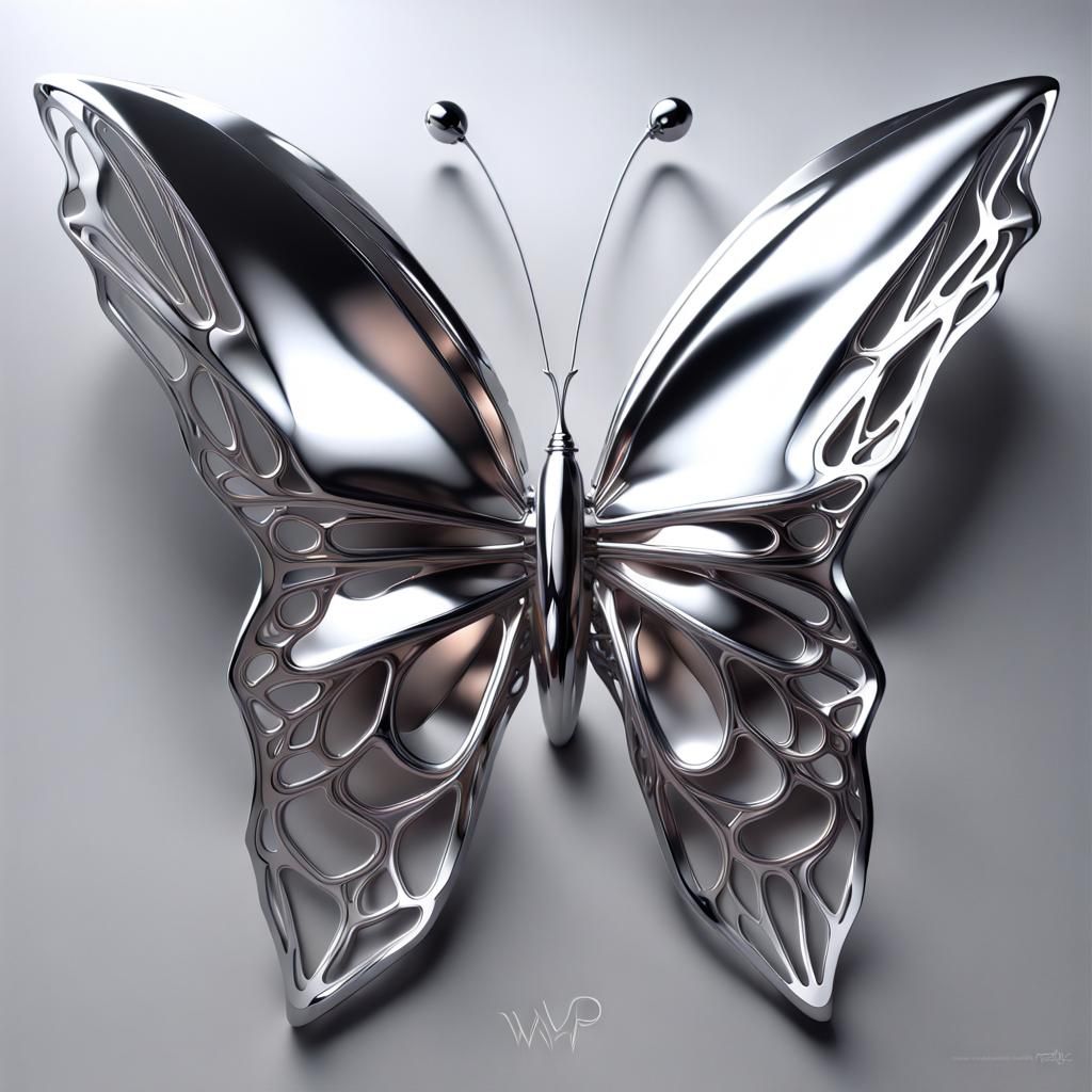 Metallic Chrome Butterfly Metal Sculpture in Photorealism St...