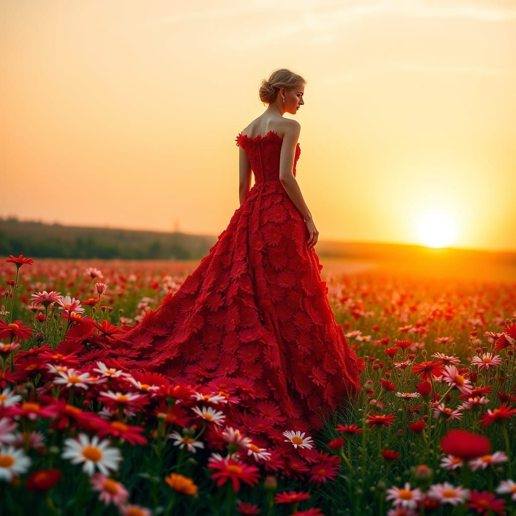 Romantic Field of Red Daisies with a Woman in a Daisy Petal ...
