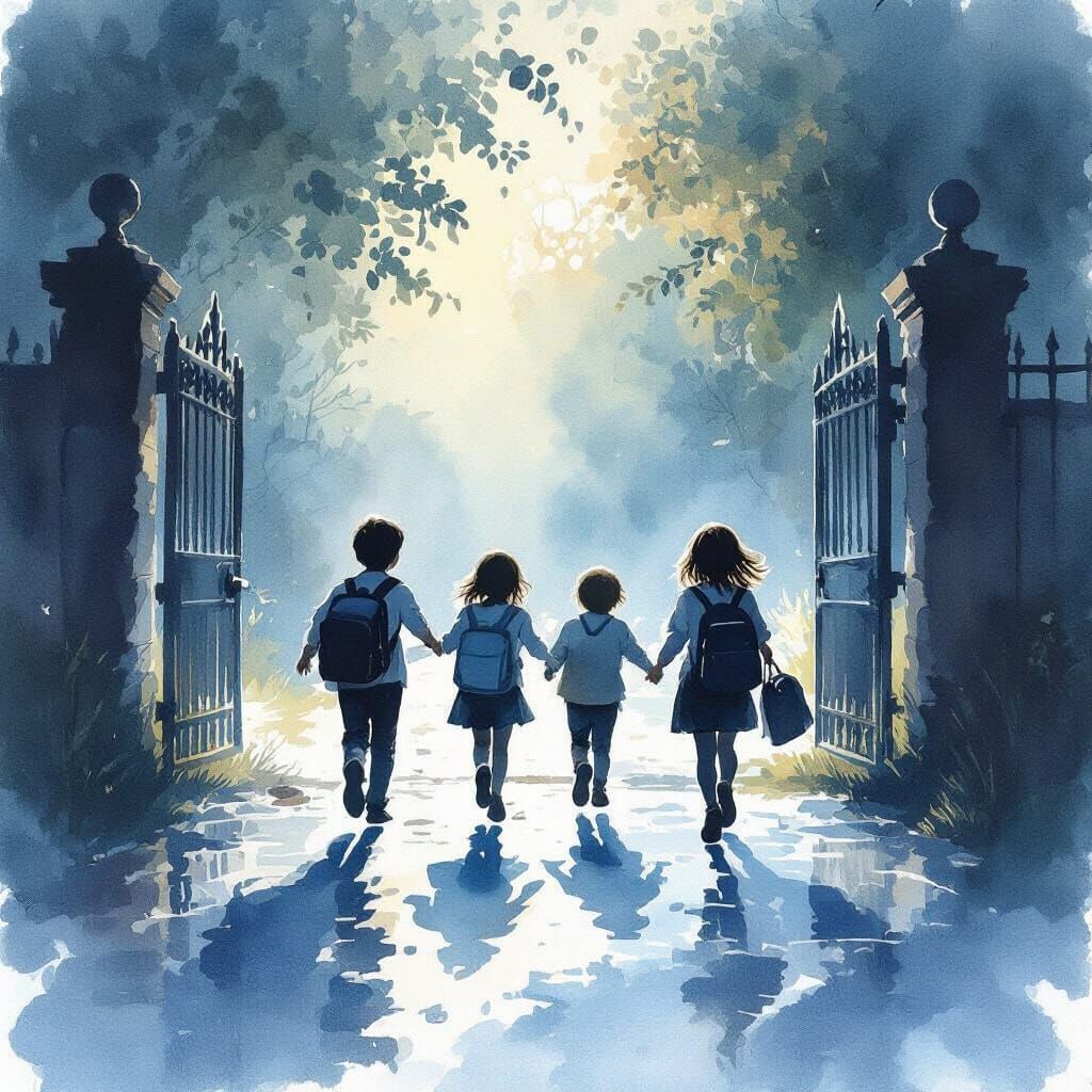 Joyful Children Silhouettes in Watercolor Art