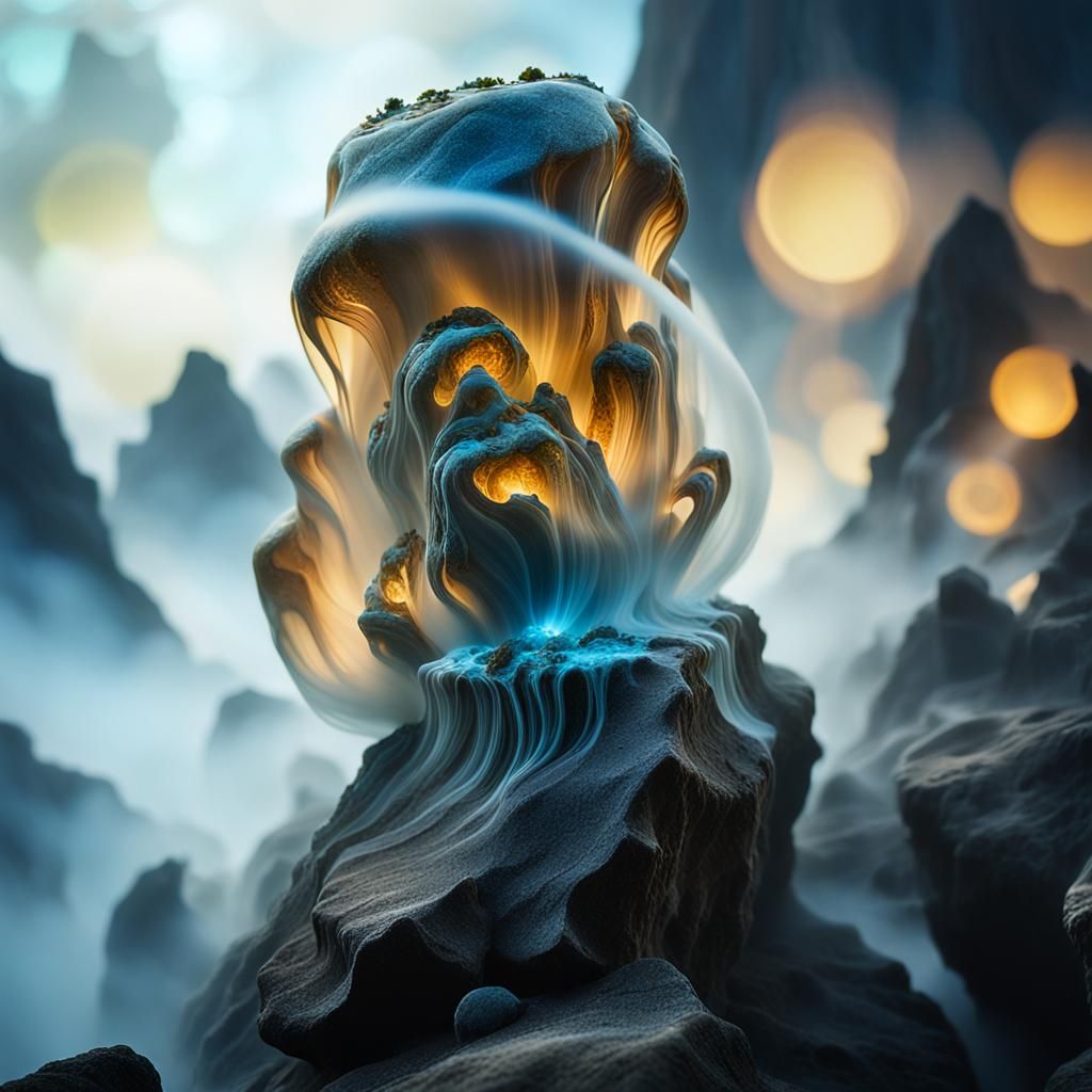 Dreamlike Rock Levitates Amidst Iridescent Mist in Cyberpunk...