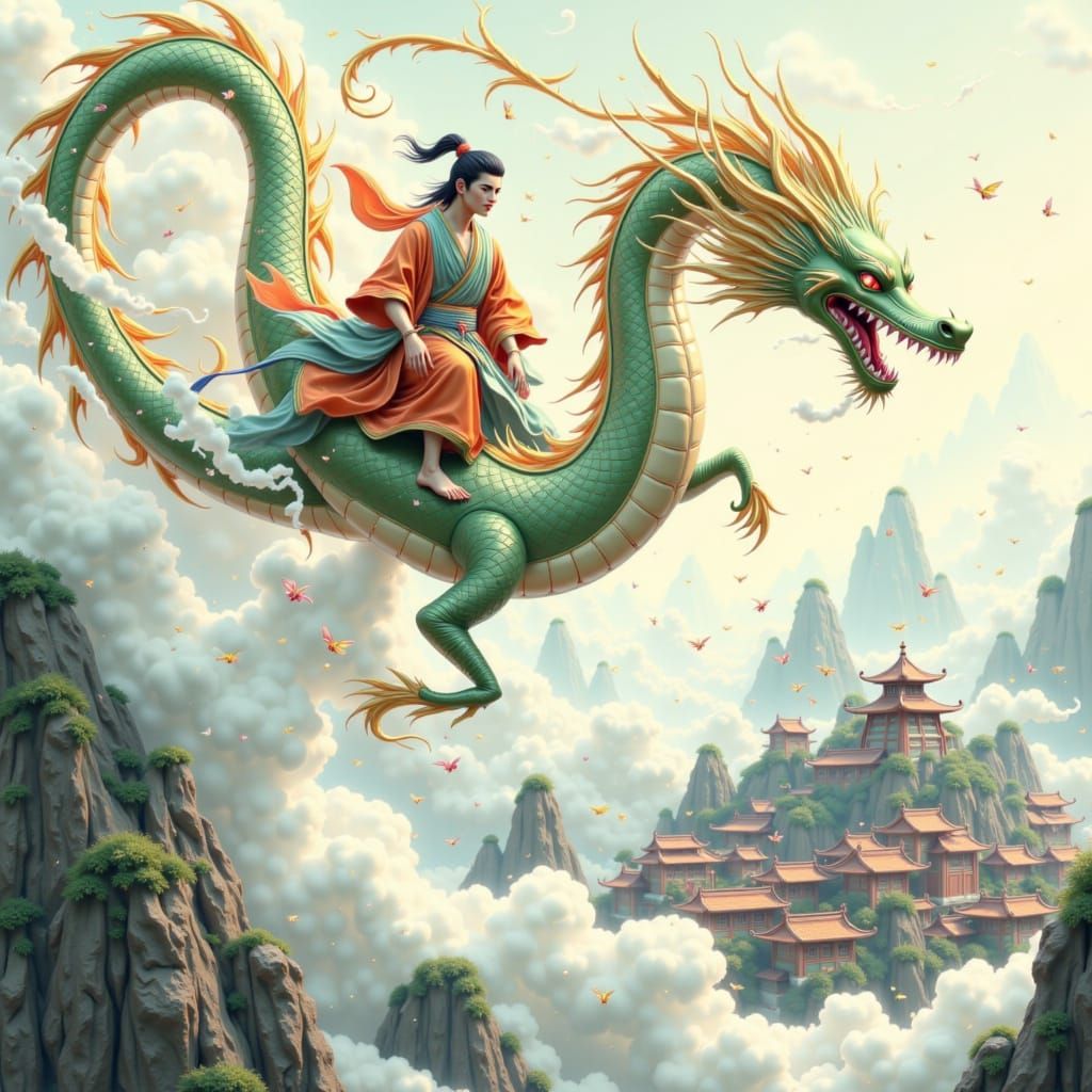 Dragon Rider Above Ancient Village in Chinese Art Style