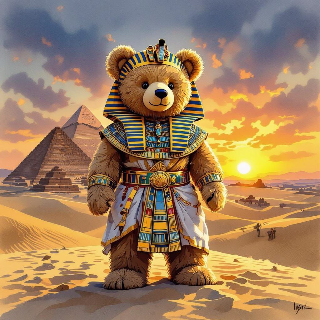 Teddy Bear Pharaoh at Pyramids in Watercolor Style