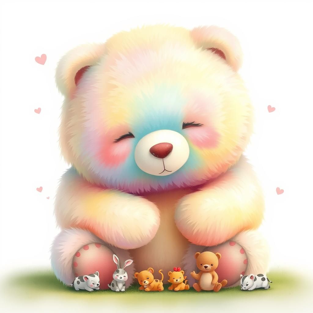 Rainbow Bear Surrounded by Baby Animals