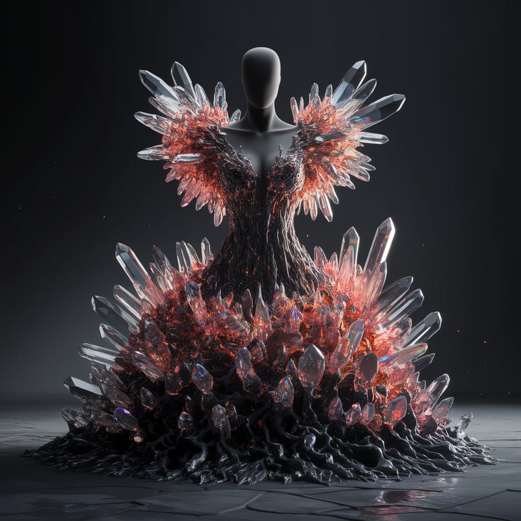 Molten Glass Dress on Shadowy Figure, Dark Fantasy Art