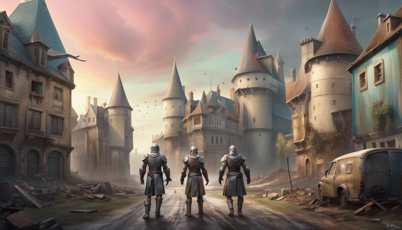 Androids Boxing Before Medieval Castle, Matte Painting