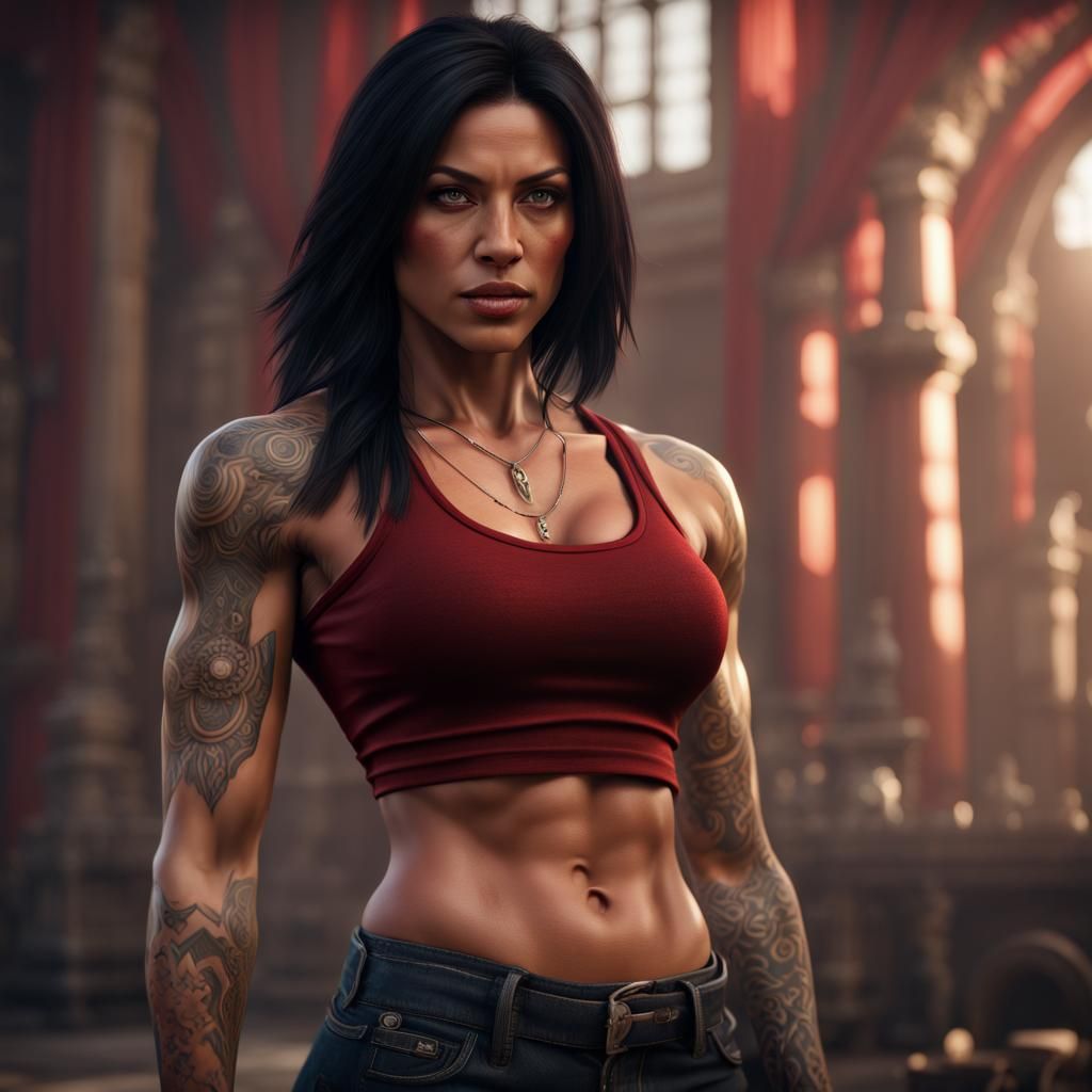 Muscular Woman with Tattoos: Detailed Digital Painting