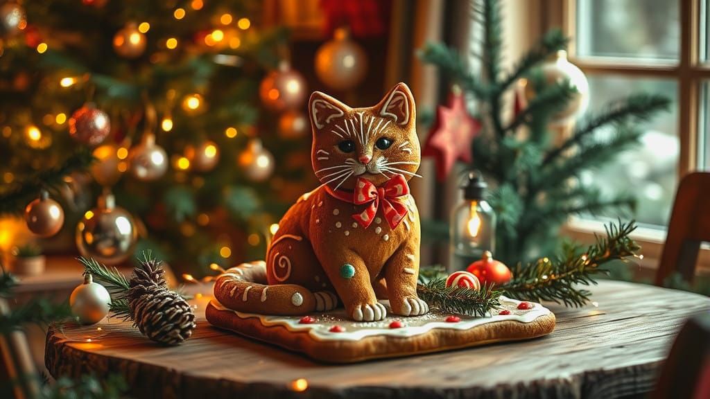 Cozy Christmas Scene with Life-Like Gingerbread Cat and Fest...