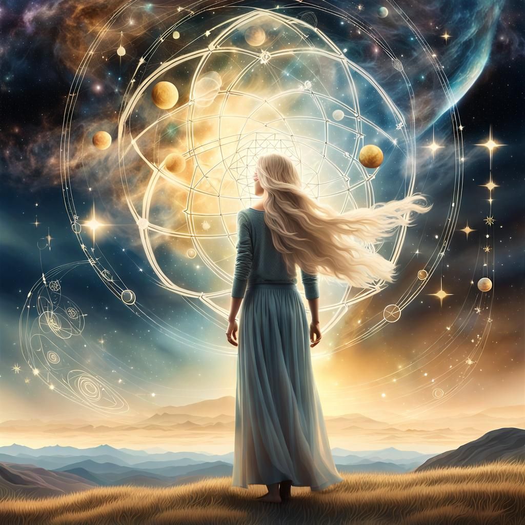 Ethereal Woman Gazing at Translucent Celestial Sky