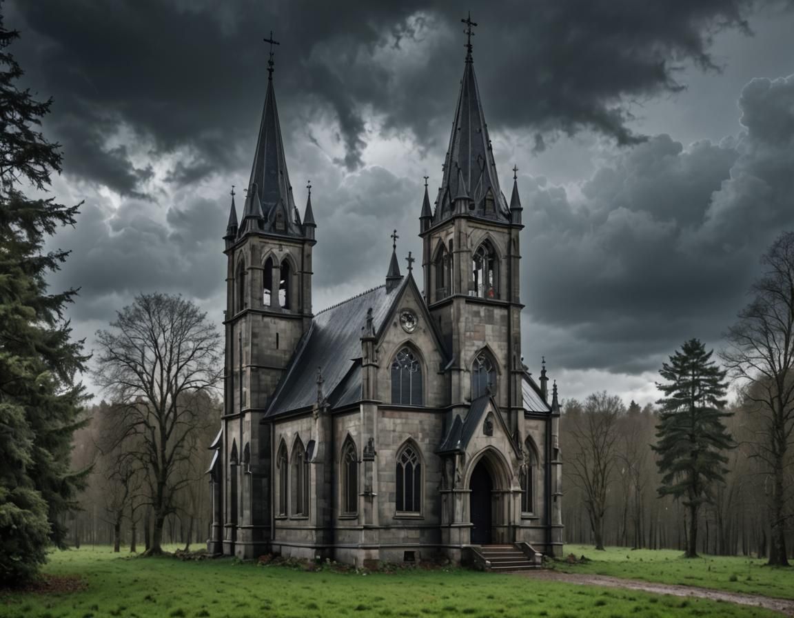 Gothic Chapel in Stormy Countryside